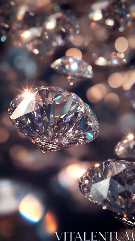 Floating cut diamonds with warm bokeh reflections.