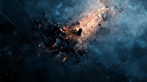 Shattered dark nebula erupts through cold blue void.