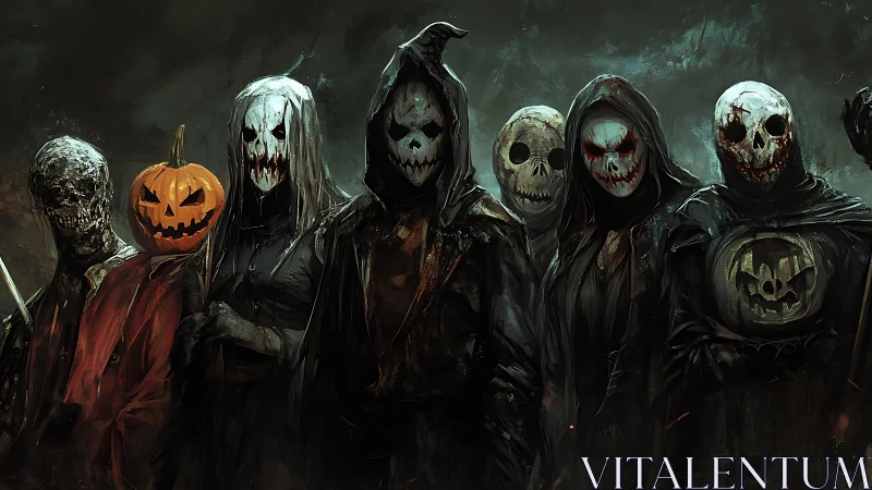 Hooded skeletal figures with pumpkin and skull masks in line.