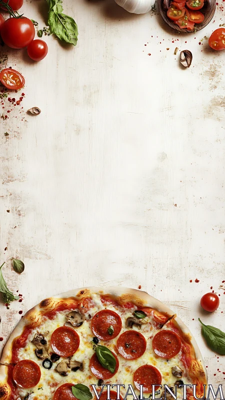 Top-down culinary layout with pepperoni pizza and produce.