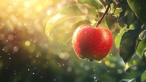 Red apple hangs in warm backlit orchard sunlight