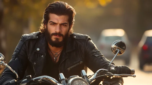 Man rides motorcycle on urban street in soft evening light