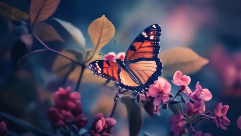 Radiant monarch butterfly rests softly in dreamy twilight garden
