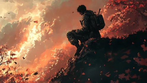 Solitary figure sits on autumn cliff under diffuse sky