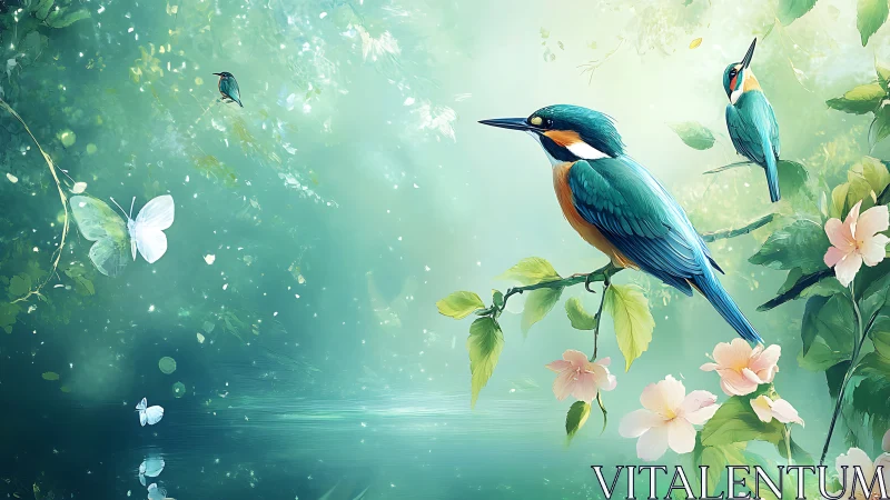 Vibrant Kingfishers and Butterflies in Dreamy Watercolor Scene.