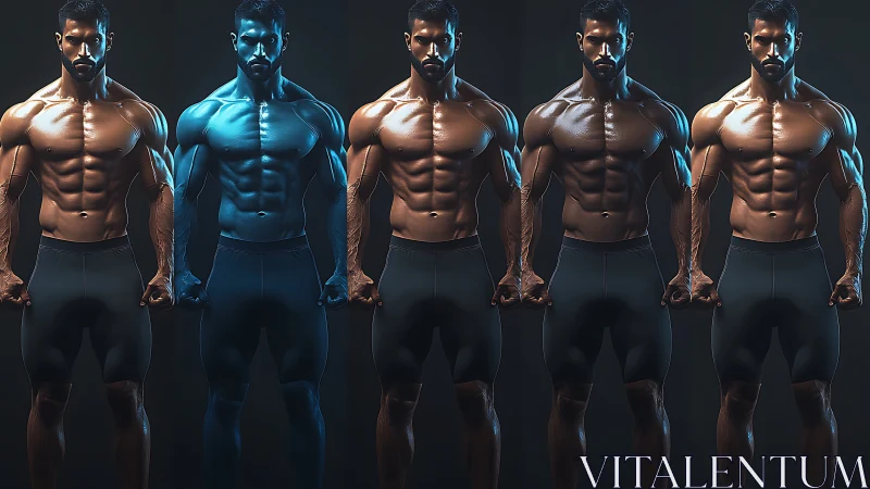 Row of muscular male torsos under dramatic colored light.