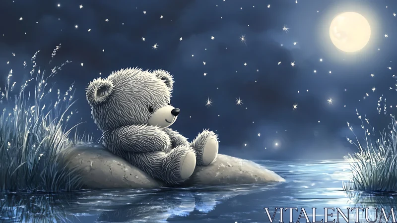 Softly lit teddy bear rests on riverside rock under full moon