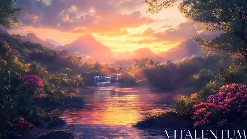 Sunset over tropical river with distant waterfalls and peaks.