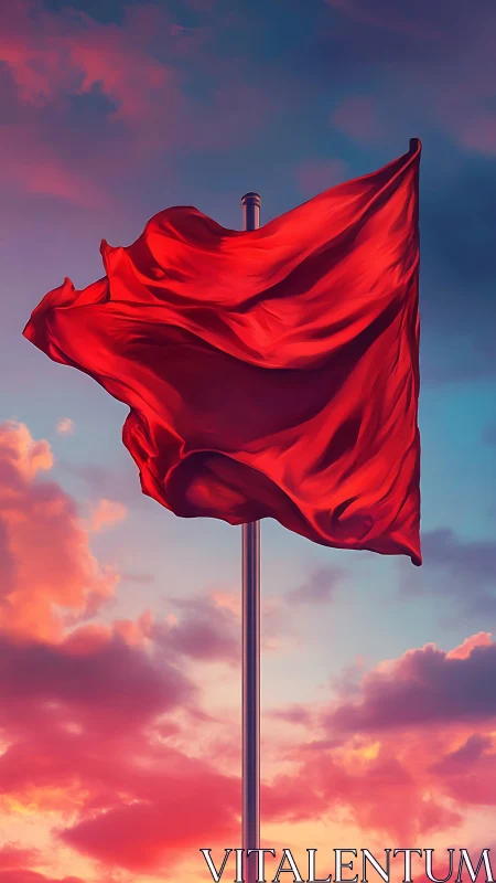 Red flag ripples dramatically against vivid sunset sky