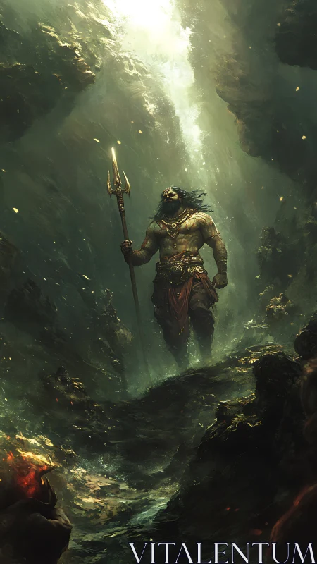 Stormlit sea god strides through a trench of molten shadows