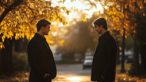 Two similar men facing each other under autumn foliage.