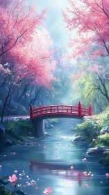 Gentle red bridge in a dreamy cherry blossom riverside.
