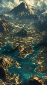 Epic fantasy mountain range above turquoise river valleys.