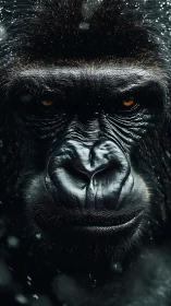 Gorilla portrait in rainfall with intense amber gaze closeup.