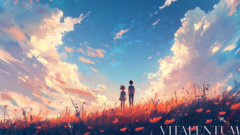 Two children stand in glowing wildflower field under vast sky