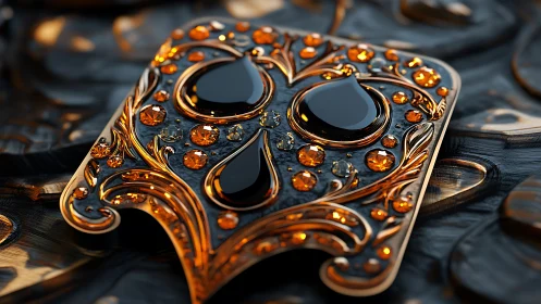 Ornate black teardrop emblem with glowing amber inlay.