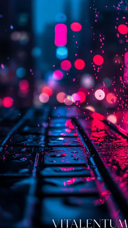 Cyberpunk neon bokeh over rain-slicked urban keyboard surface.