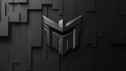 Geometric mech emblem in layered matte-black 3D relief.