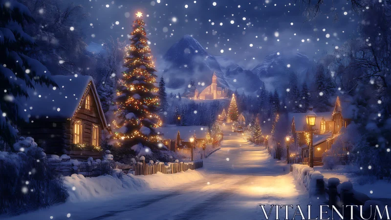 Snow covered village street with illuminated Christmas tree.