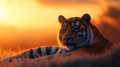 Sunlit tiger draped in ember mist at golden hour’s hush.