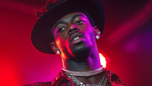 Stylish man in hat poses under neon club lighting