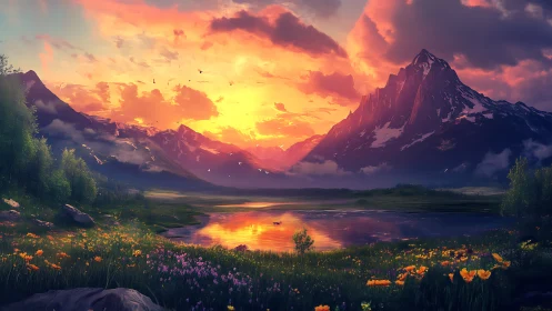 Mountain lake at sunset with wildflower meadow in foreground.