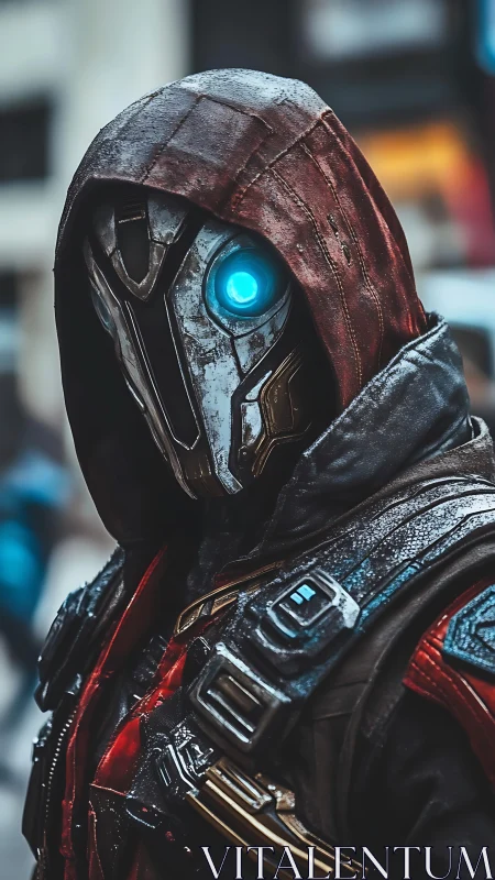 Cybernetic hooded assassin with glowing blue eye stands.