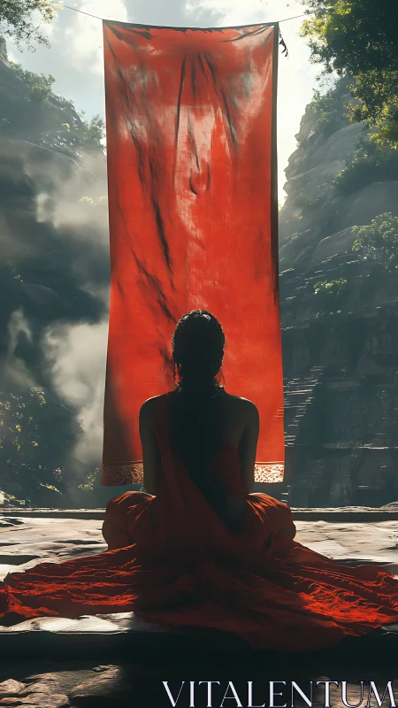 Figure sits before suspended red cloth in rocky canyon