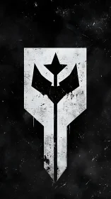 Angular monochrome emblem with grunge distressing and high contrast
