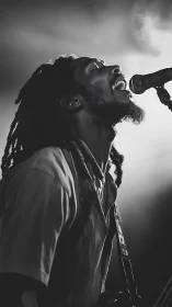 Midnight spotlight carves a singing silhouette from smoke