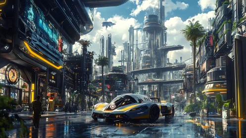 Futuristic race car glides through neon-lit vertical cityscape.