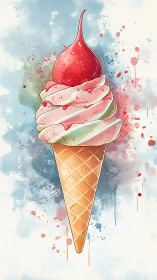 Sky-splashed strawberry swirl cone in watercolor daydream.
