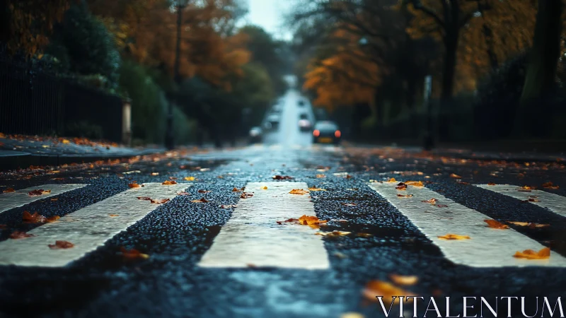 Wet zebra crossing stretches into a distant autumn road