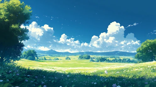 Cloud kingdoms over wildflower meadows in endless noon.