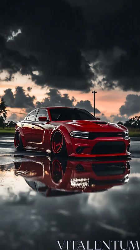 Lowered red sports wagon reflects in moody post-storm puddle