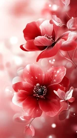 Red Botanical Composition: Layered Digital Flowers with Luminous Bokeh Effects.
