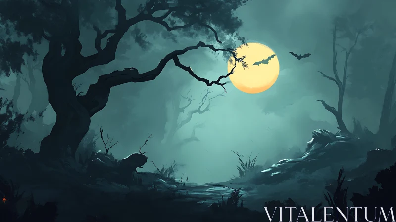 Full moon haunts a twisted forest in eerie teal mist