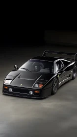 Black Ferrari F40 supercar in studio with low key lighting.