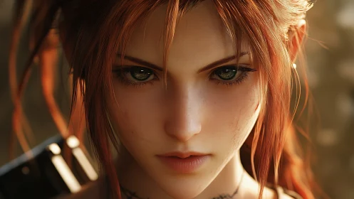 Intense close-up of determined red-haired fantasy warrior.