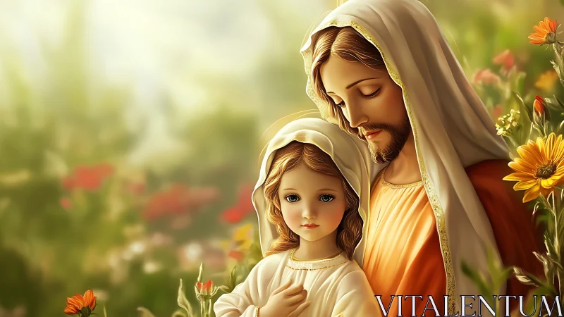 Digital painting depicts robed adult and child in soft garden setting