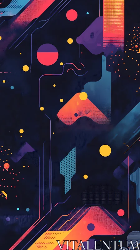 Geometric neon shapes overlay dark background with gradients