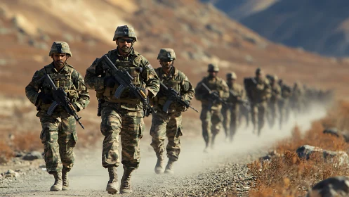 Infantry patrol column advancing on dusty high-altitude mountain track.