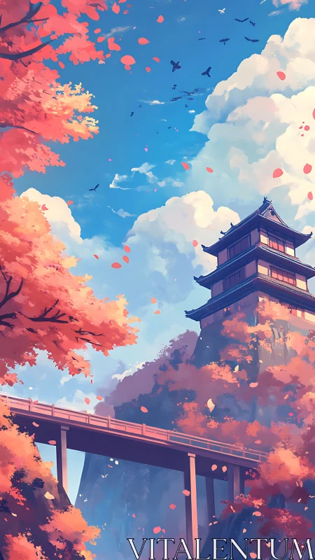 Pagoda on cliff above bridge in stylised autumn landscape.