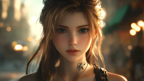 Digital portrait depicts young woman with tattoo in soft focus