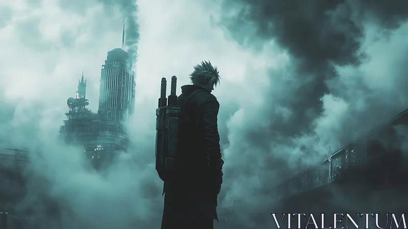 Solitary figure observes industrial complex in dense fog