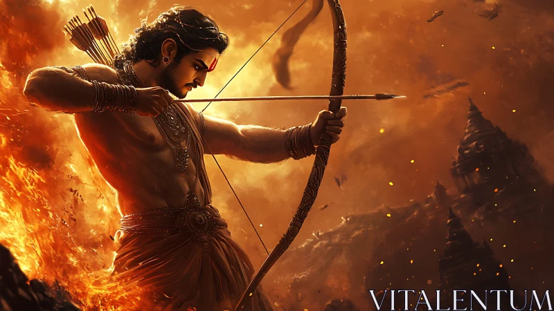 Warrior archer aiming amid fire and ruins at dusk.