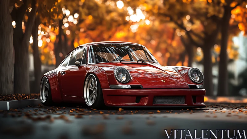 Stanced red classic sports coupe in shallow-depth autumn street