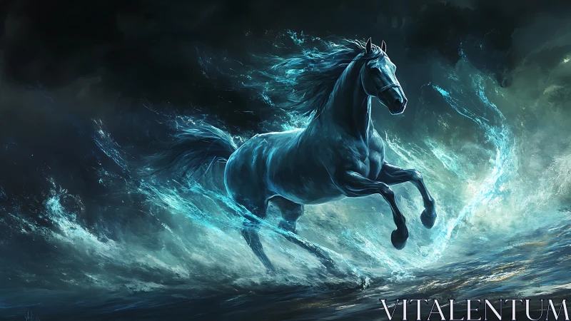 Spectral blue warhorse charges through bioluminescent ocean surge