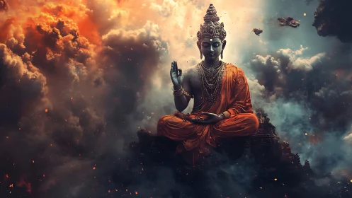 Cosmic monk drifts through embered clouds in silent blessing