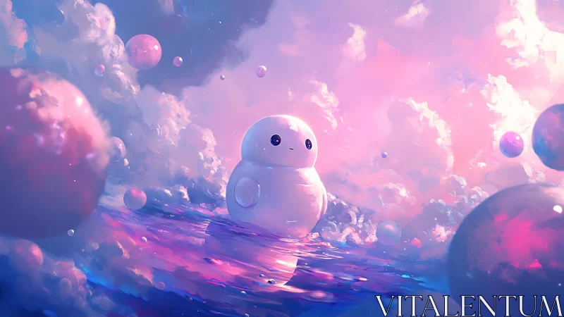 Cloudfaring robot drifts through neon bubble dawnscape.